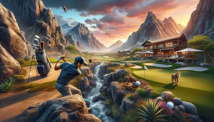 Golfer on challenging course with mountains and wildlife, transitioning to luxury spa at sunset.