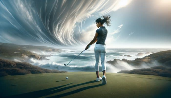 Golfer on South African coastal course adjusting stance and grip for lower trajectory shot into wind, with ocean backdrop.