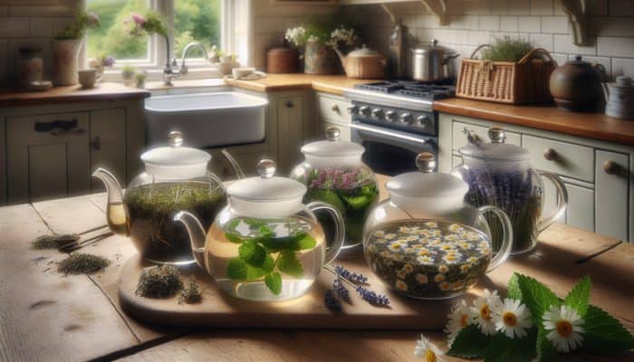 A variety of herbs steeping in glass teapots in a UK kitchen: chamomile, mint, lavender, nettle, and elderflower.