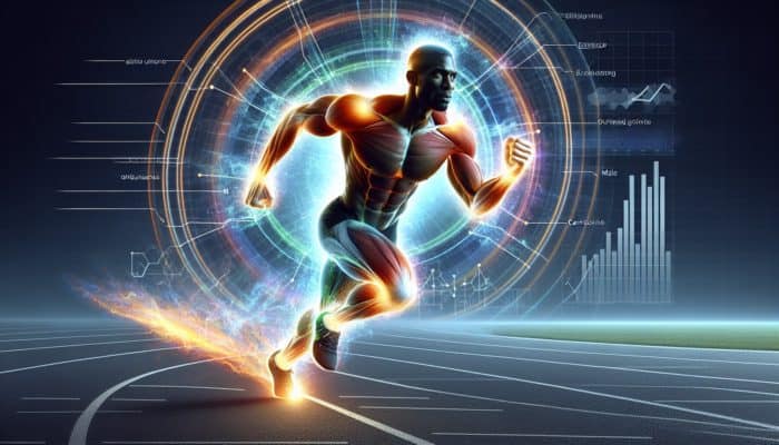 Athlete sprinting with highlighted muscles showing increased carnosine levels and a vibrant aura indicating enhanced endurance.