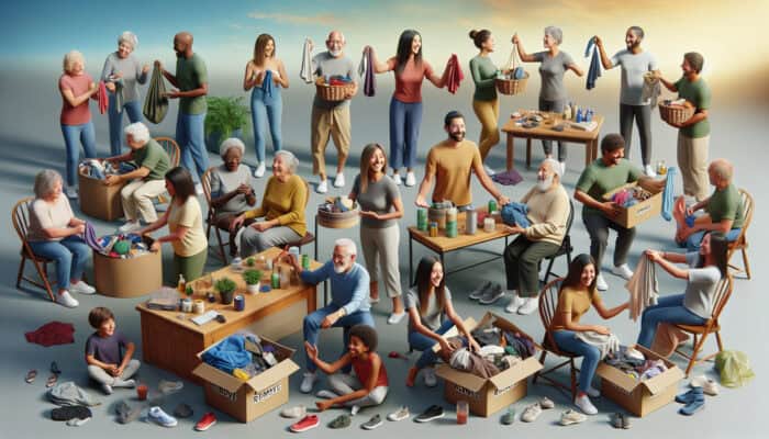 Family decluttering over 30 days, friends at a 'declutter party', sorting possessions together.