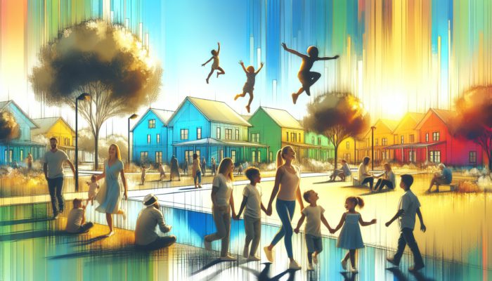 Families enjoying parks, playgrounds, and community events in vibrant neighborhoods with scenic lakes and sunny skies.