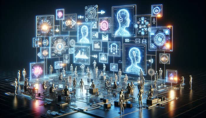 Digital workspace showing virtual assistants and influencers collaborating with project tools and tech automation.