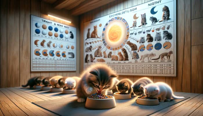 Kitten eating soft food from a bowl, others waiting, feeding schedule on wall in cozy room.