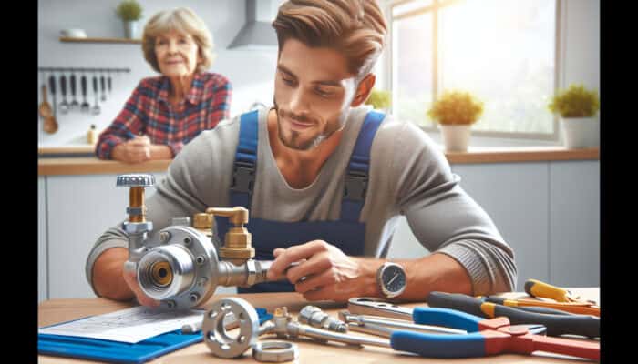 A plumber in Chilliwack replacing a water valve, tools and homeowner visible.