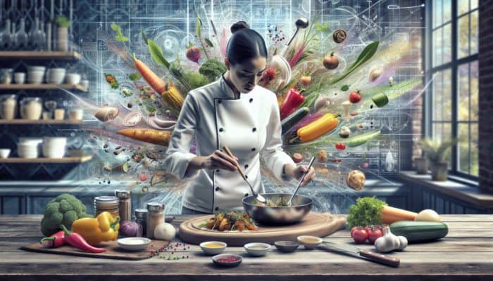 A chef preparing colorful, delicious gluten-free dishes in a gourmet kitchen.