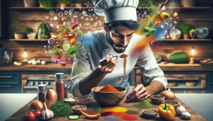 A chef tasting and seasoning a colorful gluten-free dish in a vibrant kitchen, emphasizing flavor balance.