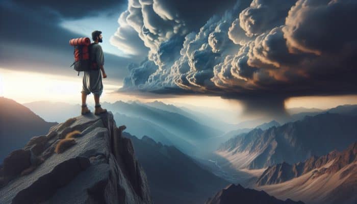 A determined explorer atop a rugged mountain gazes at a stormy horizon, symbolizing conquering survival doubt.