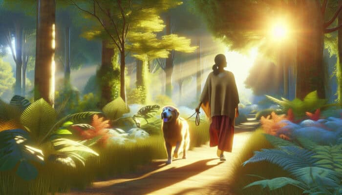 A person and dog joyfully walking through a sunlit forest, showcasing their therapeutic bond.