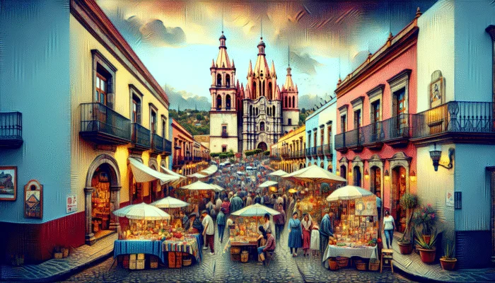 Colorful colonial architecture and bustling streets of San Miguel de Allende, Guanajuato, Mexico.