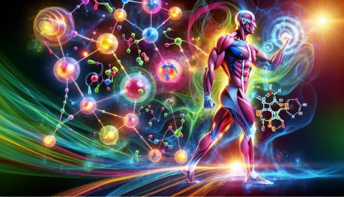 Illustration of BCAAs stimulating muscle protein synthesis in an athlete, highlighting leucine and mTOR pathway activation.