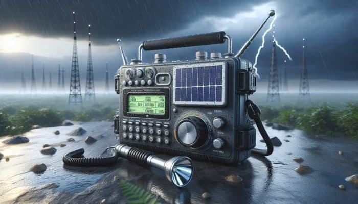 Rugged, waterproof emergency radio with solar panels, hand-crank, flashlight, set against stormy rural landscape with distant radio towers.