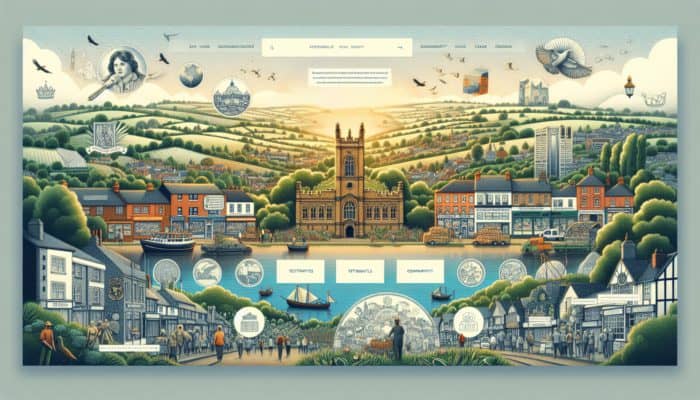 Shaftesbury's Gold Hill and local market scenes on a website, with cultural symbols, local dialect testimonials, and eco-friendly icons.