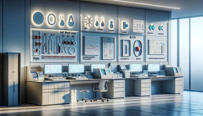 Modern laboratory in Blyth with advanced automated blood analyzers and screens showing precise full blood count results.