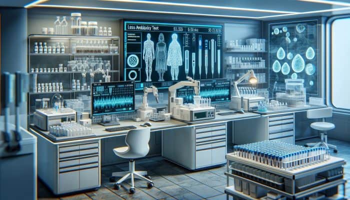 Modern lab with advanced equipment analyzing new coeliac disease tests, including saliva and stool samples.