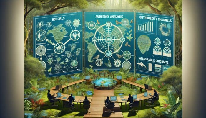 Blueprint of biodiversity campaign with goals, audience, channels, outcomes, and timeline on nature-themed background.