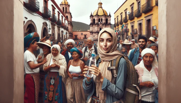Traveler in San Miguel de Allende with light backpack, engaging with locals at a spontaneous street festival, drinking bottled water.