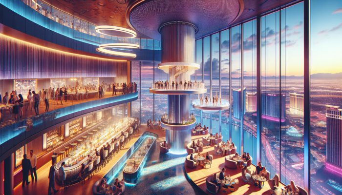 Three bars at The Stratosphere in Las Vegas: SkyBar, Top of the World, and Level 107 Lounge, with patrons enjoying cocktails.