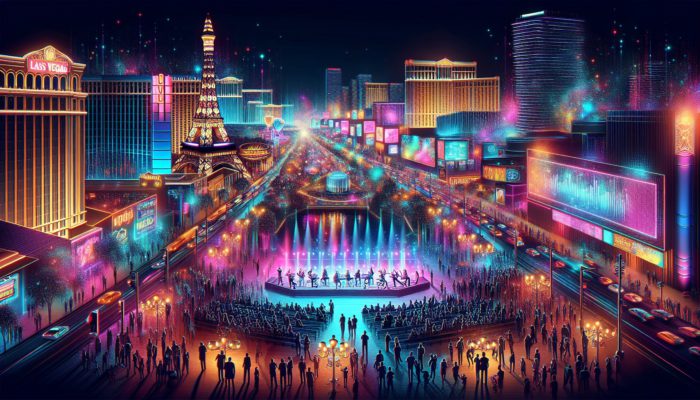 A vibrant Las Vegas night scene with neon lights, crowds, and various events displayed on digital screens.