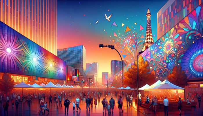 Las Vegas Strip at dusk in fall, with moderate crowds and festive banners.