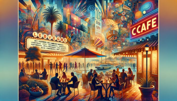 A vibrant Las Vegas café scene with locals sharing tips on hidden gems and events.
