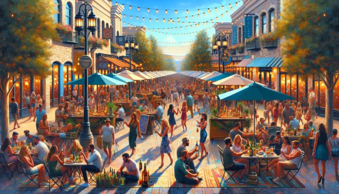 A vibrant Summerlin street scene with local bars, food trucks, and artists collaborating, fostering community and exploration.