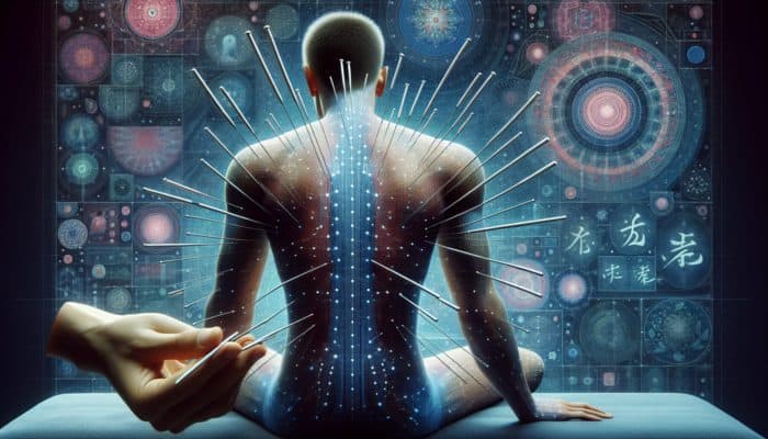 Acupuncture for Gout Pain Relief: A serene acupuncture session with needles on a patient's back, surrounded by traditional Chinese medicine symbols, illustrating Qi flow and energy balance.