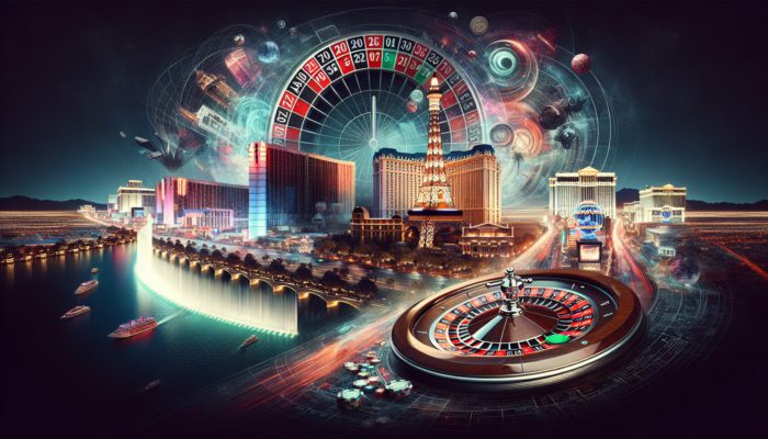 A vibrant collage of Las Vegas landmarks and an itinerary map against a neon-lit night sky.