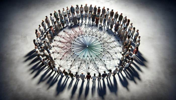 Prepper Unity Strategies: A diverse group of preppers in a circle, symbolizing unity and resilience through interconnected lines.