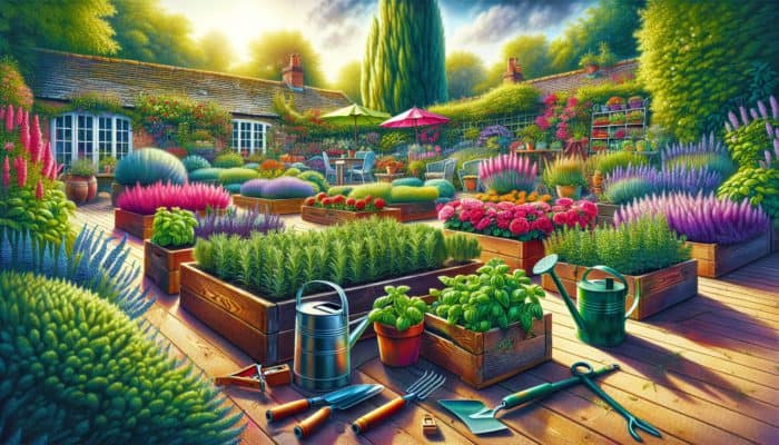 A vibrant UK garden featuring rosemary, basil, and mint beds, surrounded by gardening tools in a sunny environment.
