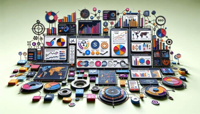 SEO dashboard presenting trends, demographics, top landing pages, and a user flow map.