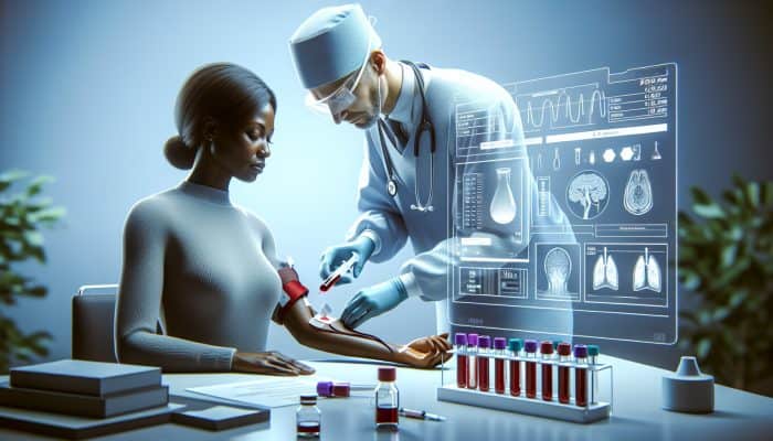 Illustration of ferritin test: blood drawn from arm, analyzed in lab.