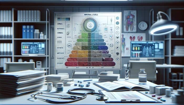 A medical chart showing mineral levels with color-coded normal, deficient, and excessive ranges, alongside a stethoscope and health reports.