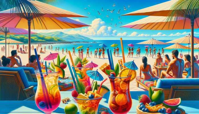 Colorful tiki cocktails on a tropical beach, people enjoying day drinking in the sunshine.