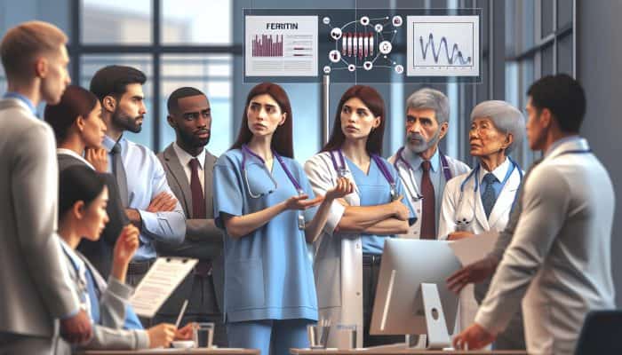 Diverse healthcare team in Accrington clinic discussing ferritin tests, led by Dr. Emily Carter.