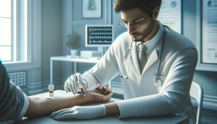 A healthcare professional drawing a small blood sample from a patient's arm in a clinical setting.