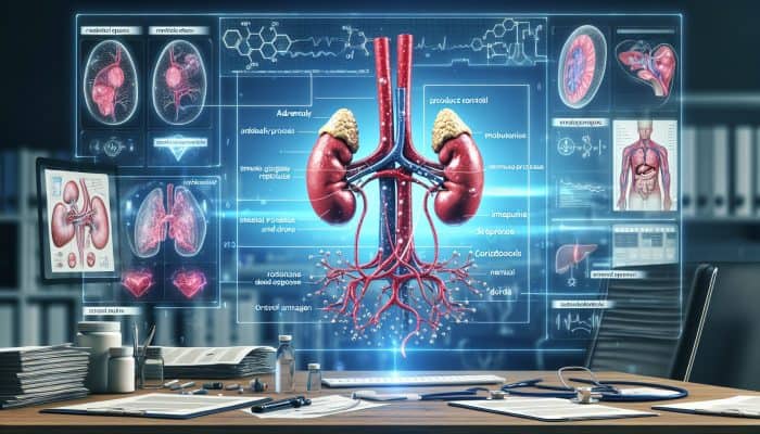 Cortisol Blood Test in Bury: Visual representation of cortisol blood test illustrating adrenal glands, metabolism, immune response, and stress management in a medical environment.