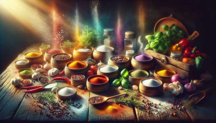 An array of seasoning ingredients including salt, pepper, herbs, and spices on a rustic wooden table.