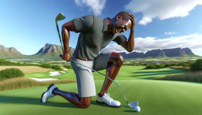 South African golfer experiencing knee pain while swinging on a rolling fairway in Cape Winelands.