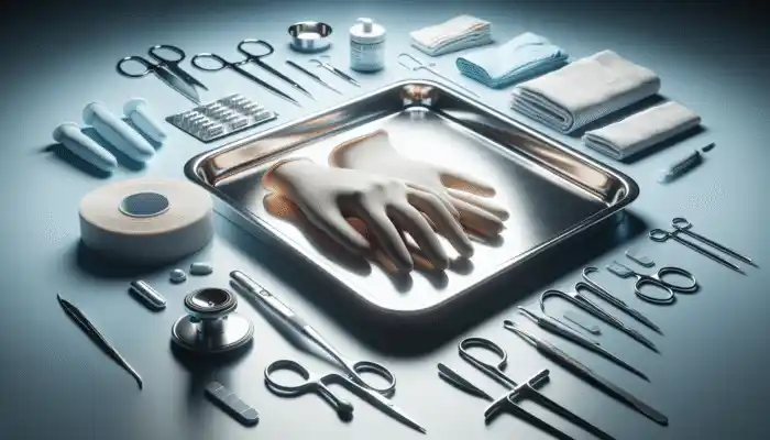 Close-up of hypoallergenic nitrile gloves on a medical tray with diverse tools in a sterile hospital setting.