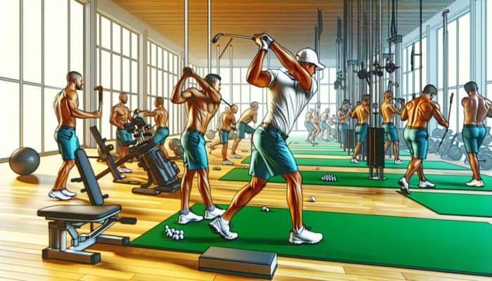 South African golfers in a modern gym, engaging in tailored fitness programs that mimic golf swings to enhance performance.