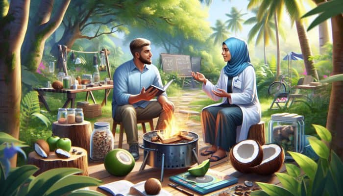 Eco-friendly BBQ fire starters in use, experts discussing, surrounded by lush greenery.