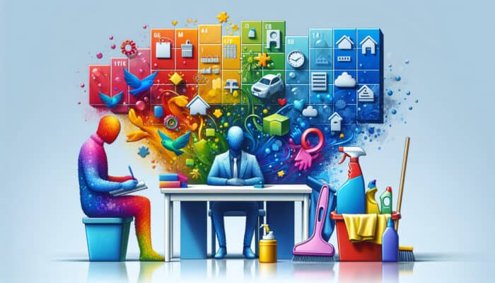 Person Organizing Cleaning Schedule: Colorful calendar with cleaning supplies and a tidy home.