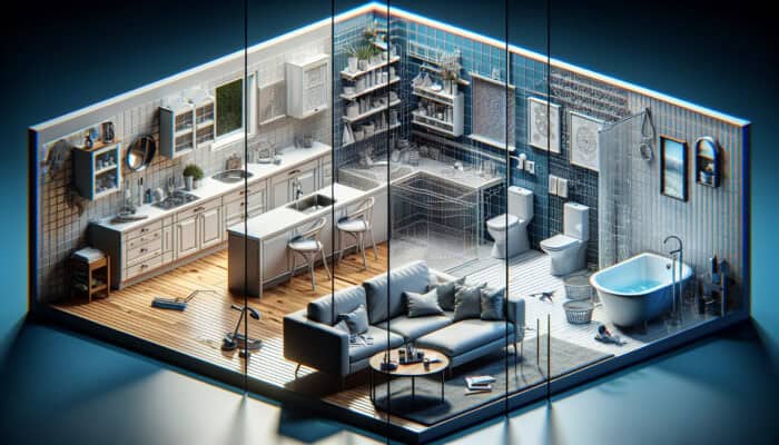 Clean and Organized Rental Spaces: Kitchen, bathroom, and living room areas focused on prioritized cleaning efforts.