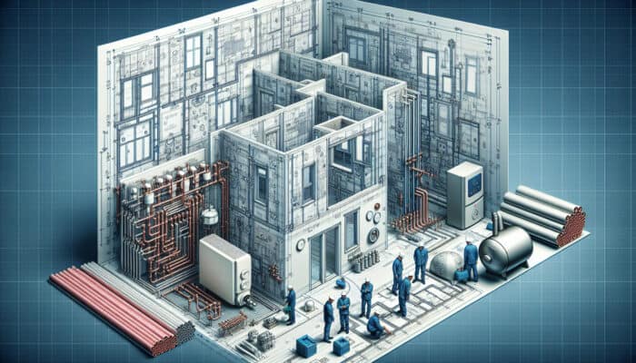 Blueprint of a building highlighting insulation and layout, surrounded by high-quality hydronic heating components, overseen by local professionals.