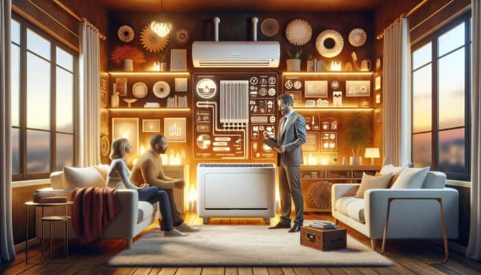 A modern heating system in a cozy living room, with an expert discussing its features with homeowners.