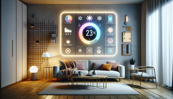 A smart thermostat on the wall of a modern living room, controlled by smartphone, with sensors monitoring the heating system.