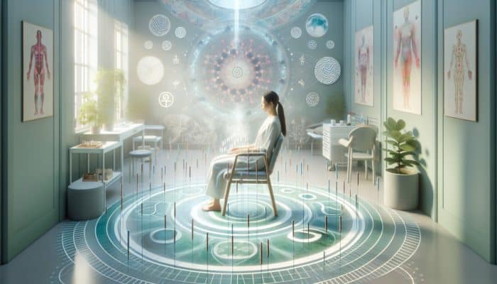 A woman receiving acupuncture in a serene UK fertility clinic, surrounded by soothing colors and traditional Chinese symbols.