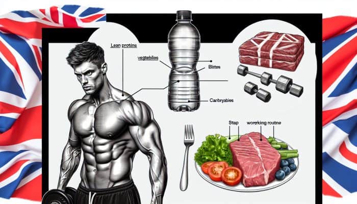 A UK athlete lifting weights in a gym, surrounded by a meal, water, and a workout log.