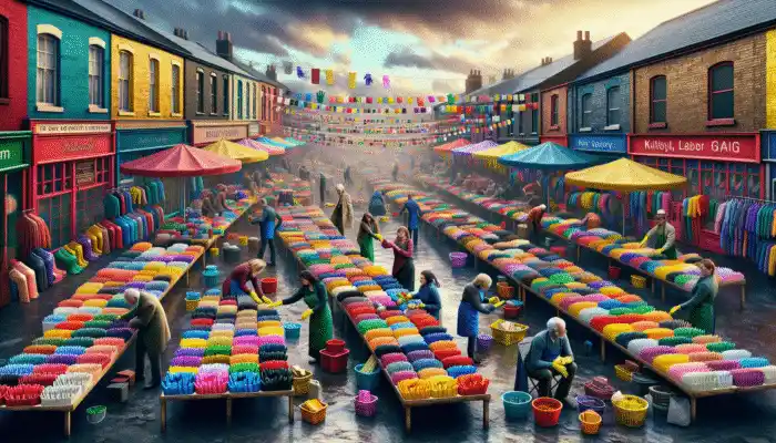 Colorful rubber gloves showcased at Kirkby market, shoppers comparing products, and expert buying tips available.